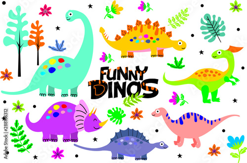 Dino Pattern  Cute happy smiling funny dinosaur . Seamless vector pattern