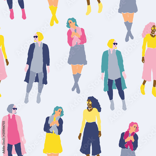 Vector girls crowd seamless pattern. Colorful illustration of girlfriends in hand drawn style. Fashion models of different ethnicity.