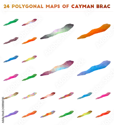 Set of vector polygonal maps of Cayman Brac. Bright gradient map of island in low poly style. Multicolored Cayman Brac map in geometric style for your infographics.