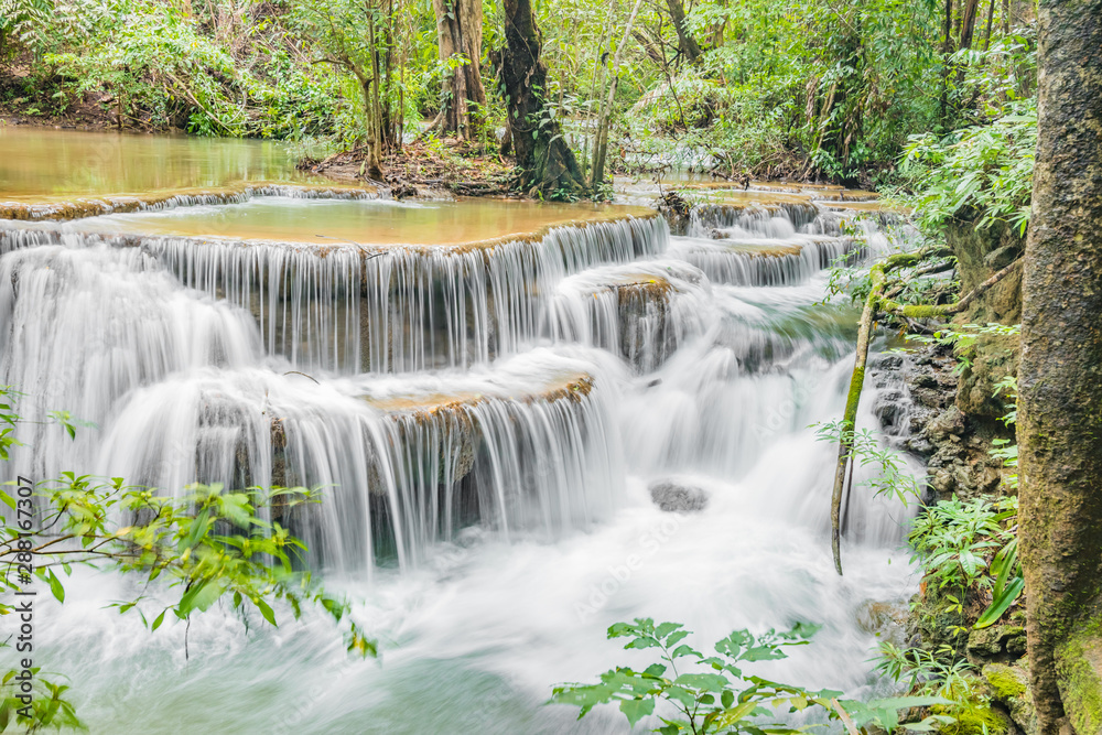 Fototapeta premium Huai Mae Khamin Waterfalls in Tropical Rainforest at Kanchanaburi Province, Thailand