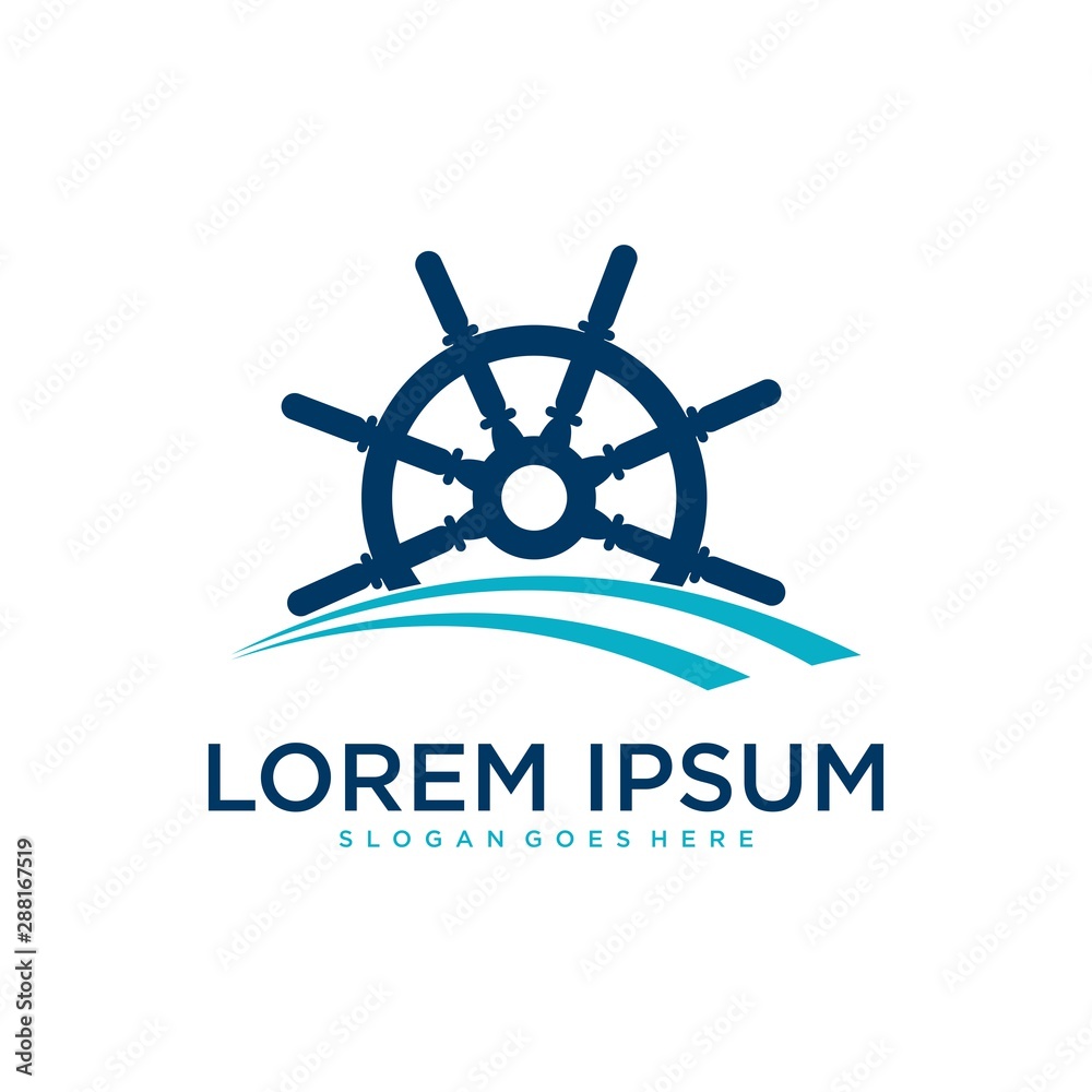 Ship and Boat Helm Steering Wheel on The Wave Water Ocean Logo Symbol Ship and Boat Helm Steering Wheel on The Wave Water Ocean Logo Symbol