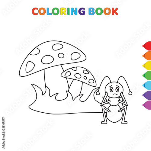 cute cartoon sad bug sitting behind tapestry coloring book for kids. black and white vector illustration for coloring book. sad bug sitting behind tapestry concept hand drawn illustration