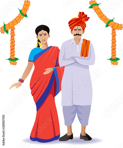 indian - maharastrian couple man and woman standing in traditinal dress
