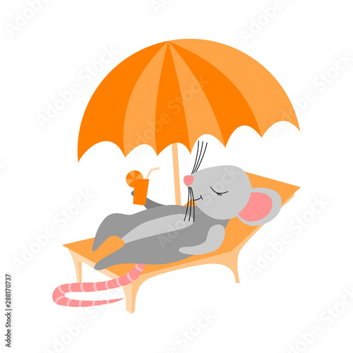 Cute cartoon rat lying on a deckchair with umbrella and cocktail isolated on white background. Summer vector illustration of nice sunbathing rodent.