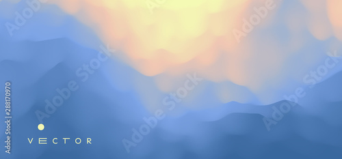 Blue abstract background. Realistic landscape with waves. Cover design template. 3d vector illustration.