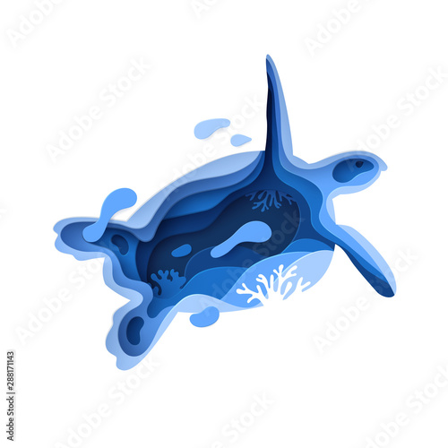 Paper art underwater ocean environment concept with turtle silhouette. Paper cut sea background with tortoise, waves and coral reefs Save the ocean and ecology idea concept. Craft vector illustration