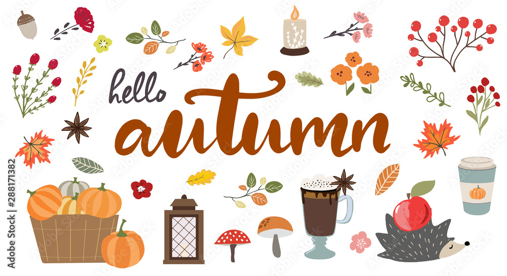 Hello Autumn hand drawn typography banner with hand drawn fall elements, hedgehog, leaves and branches.Cute autumn vector illustrations in modern sketch style Hello Autumn hand drawn typography banner with hand drawn fall elements, hedgehog, leaves and branches.Cute autumn vector illustrations in modern sketch style
