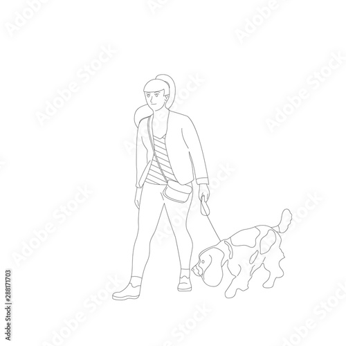 Young girl is walking with a french, spaniel, setter dog on a leash. Isolated on white background. Flat style cartoon stock vector