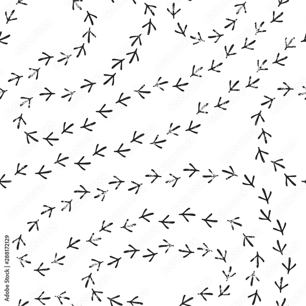 Bird footprints seamless pattern. Background with bird's tracks. Black and white vector.