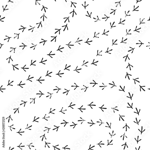 Bird footprints seamless pattern. Background with bird's tracks. Black and white vector.
