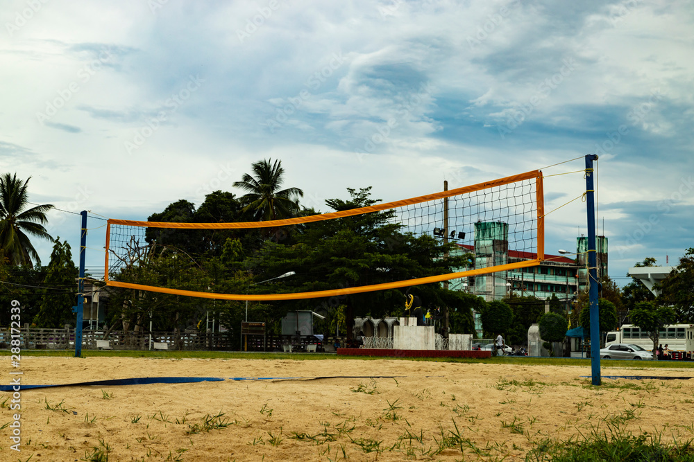 Beach volleyball court in the outdoor sports field.