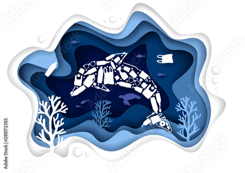 Stop ocean plastic pollution, vector paper cut illustration
