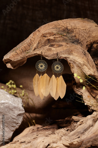 Subject shot of a pair of bronze hook earrings made in the form of the dreamcatchers. Each earring is decorated with a hanging disk with metal lace decorated with pale yellow gems and beige feathers. 