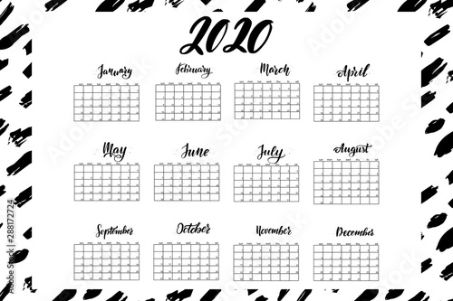 Brush lettering 2020 year wall calendar. English language.  photo