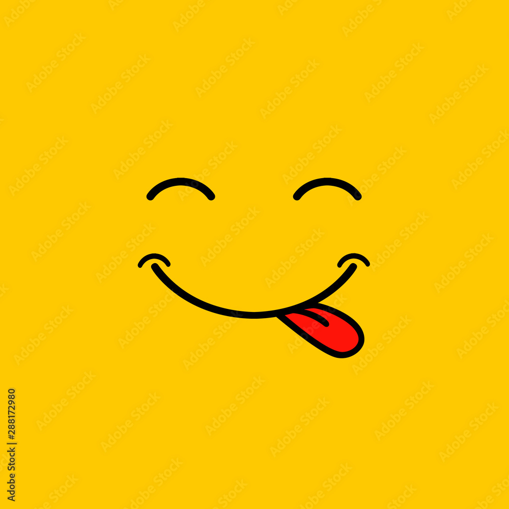 Yummy smile cartoon line emoticon with tongue lick mouth. Delicious tasty food eating emoji face on yellow vector design Yummy smile cartoon line emoticon with tongue lick mouth. Delicious tasty food eating emoji face on yellow vector design