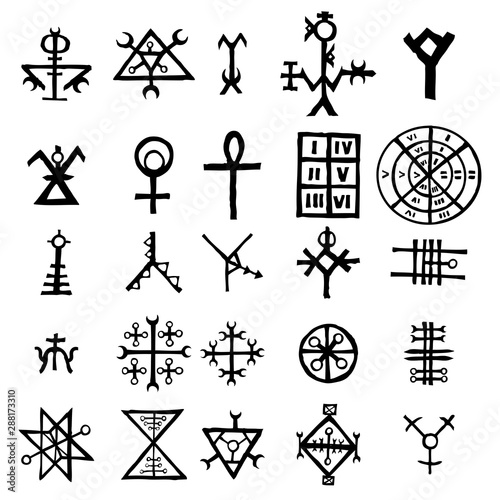 Mystic set with magic circles, pentagram and imaginary chakras symbols. Collection of icons with witchcraft and occult hand writing letters. Esoteric concept. Vector