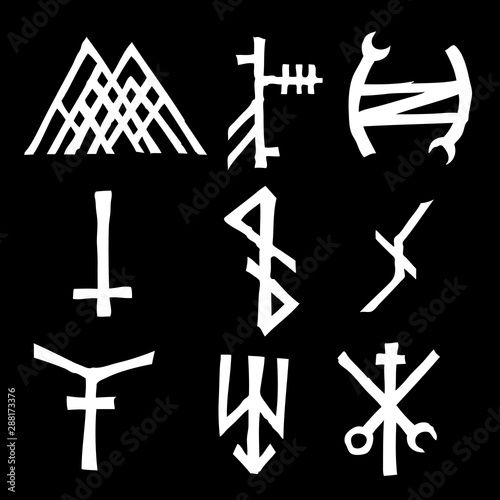 Set of alchemical symbols on the theme of old manuscript with occult lyrics alphabet and symbols. Esoteric written signs inspired by medieval writings. Vector