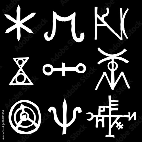 Mystic set with magic circles, pentagram and imaginary chakras symbols. Collection of icons with witchcraft and occult hand writing letters. Esoteric concept. Vector