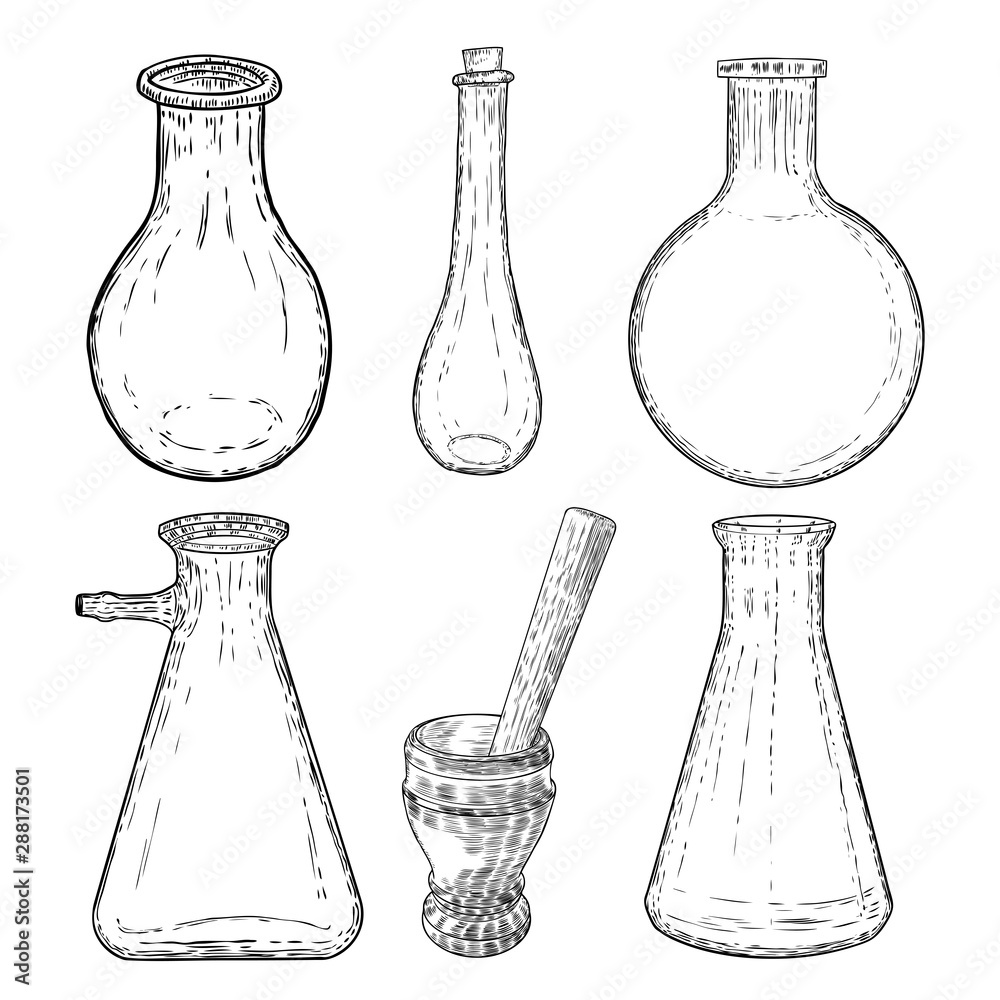 Set of mortar and pestle, witch bottles with magic liquid or poison and