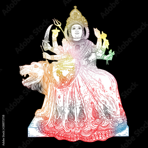 Indian Goddess Durga classic sculpture for Durga Puja holiday festival of India in Dussehra Vijayadashami Navratri. Hand drawn isolated design. Vector.
