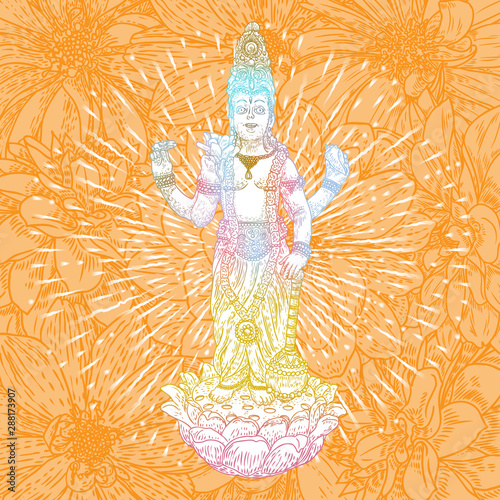 Lord Vishnu standing on lotus giving blessing hand drawn illustration in classic vision. Hindu God.  Vector.