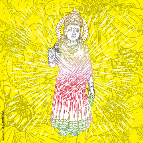 Devi Parvati classic traditional Hindu deity hand drawing. Vector.