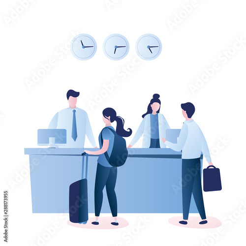 Hotel reception and travellers talking with receptionists.Indoors interior