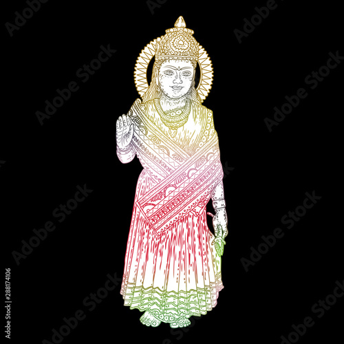 Devi Parvati classic traditional Hindu deity hand drawing. Vector.