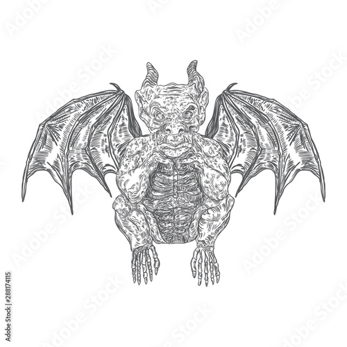 Gargoyle in sitting aggressive position to attack  Human and dragon bat like demon Chimera fantastic beast creature with horns fangs and claws. Hand drawn gothic guardians at medieval. Vector
