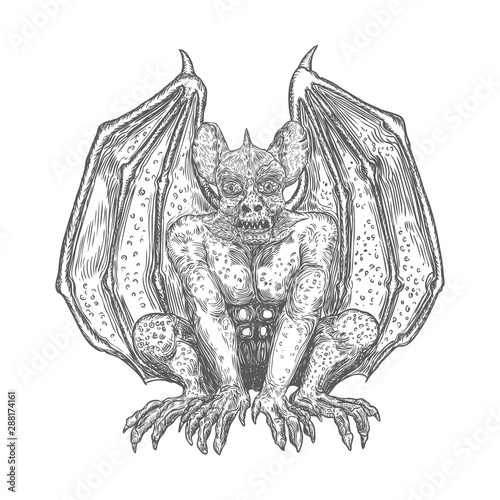 Gargoyle in sitting aggressive position to attack  Human and dragon bat like demon Chimera fantastic beast creature with horns fangs and claws. Hand drawn gothic guardians at medieval. Vector