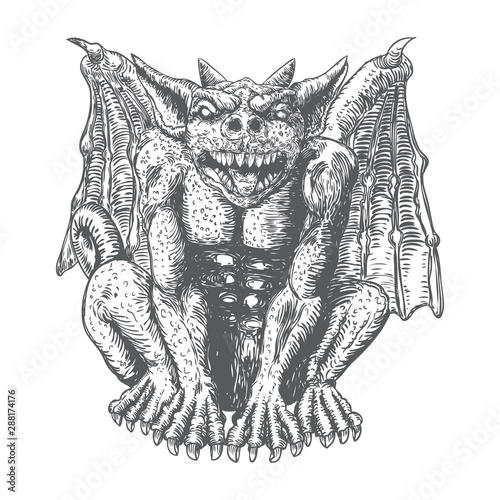 Gargoyle in sitting aggressive position to attack  Human and dragon bat like demon Chimera fantastic beast creature with horns fangs and claws. Hand drawn gothic guardians at medieval. Vector