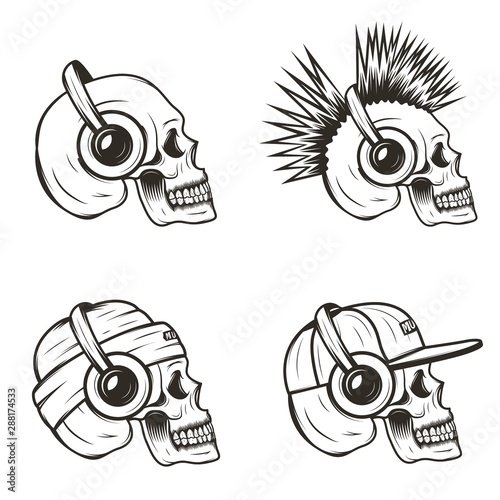 Music skull side view set, vector hand drawn illustration