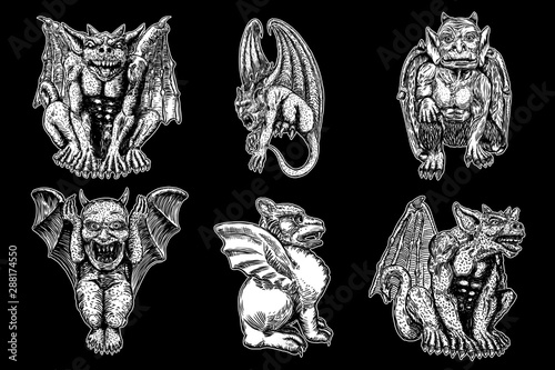 Set of mythological ancient creatures animals with bat like wings and horns. Mythical gargoyle with sharp fangs teeth and nails or claws in seating position. Engraved hand drawn sketch. Vector.