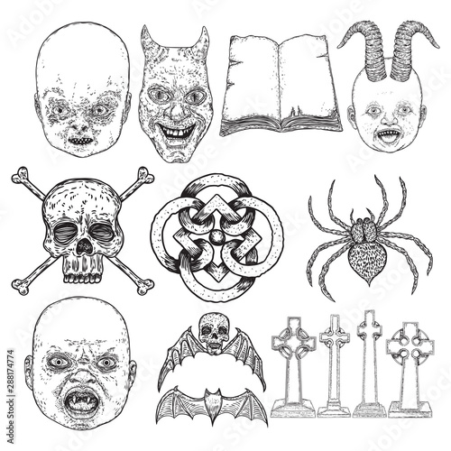Alchemy symbol elements set. Baby demon with horns, devil, spell book, winged skull and bones, sacred symbol, spider, vampire bat, tombstone or grave. Spiritual occultism and chemistry. Vector.