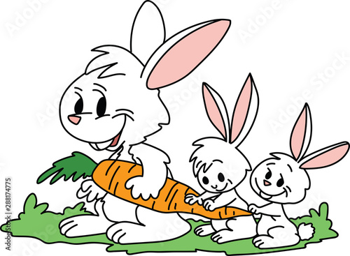 Two white cartoon bunnies following their mother holding a carrot vector illustration