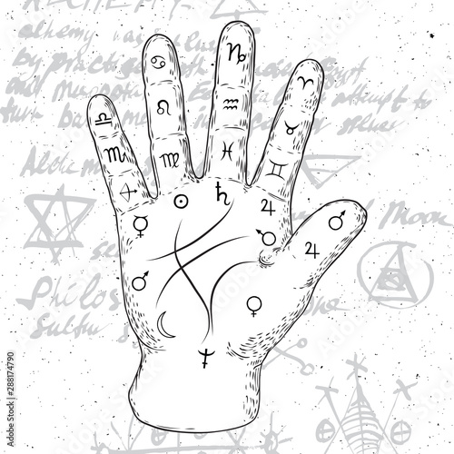 Chiromancy hand, ancient palm reading drawing and spiritual symbols. Divination and prediction, palmistry map on open hand with signs of the planets. Magic witchcraft writing background. Vector.