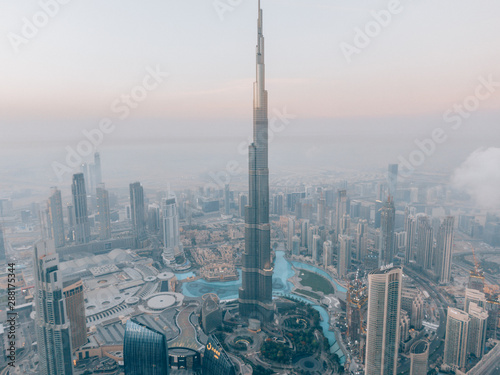 Vászonkép Aerial of the Burj Khalifa while sunrise in Dubai, United Arab Emirates