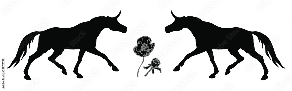 vector isolated image of the figure, the black silhouettes of two running unicorns on a white background and poppy flowers