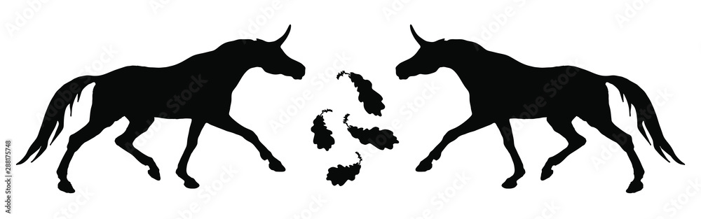 vector isolated image of the figure, the black silhouettes of two running unicorns on a white background and oak leaves
