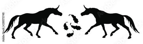 vector isolated image of the figure  the black silhouettes of two running unicorns on a white background and oak leaves
