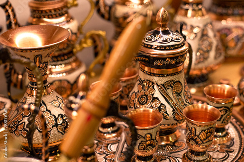 Traditional turkish teapot. Popular souvenir from Turkey. Authentic elegant kettle, Istanbul 2019-08-11