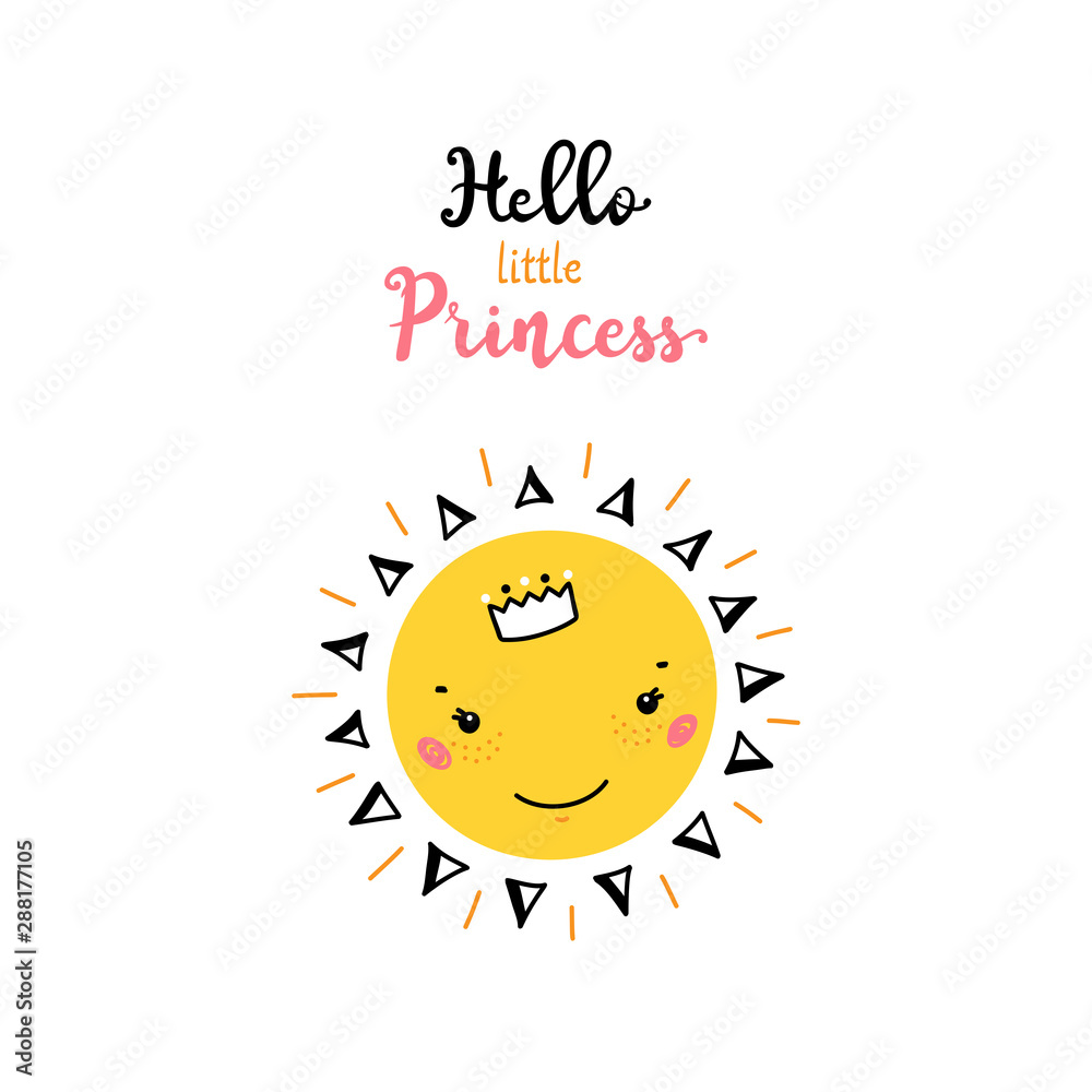 Print Design for Kids with Cute Smiling Sun and Lettering Quotes Hello  Little Princess. Cartoon Doodle Funny Happy Sun Face Vector Illustration.  Scandinavian print or poster design, Baby shower Stock Vector |