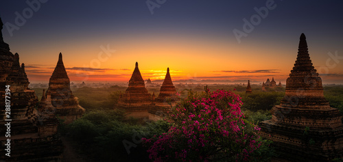 Bagan City Myanmar Burma Beautiful Sunrise Panorama over the Brick Pagodas