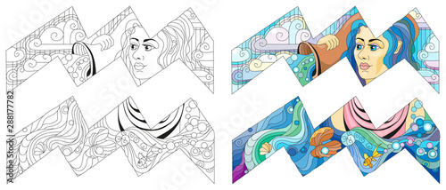 Aquarius zodiac sign cute cartoon character retro zentangle stylized in vector