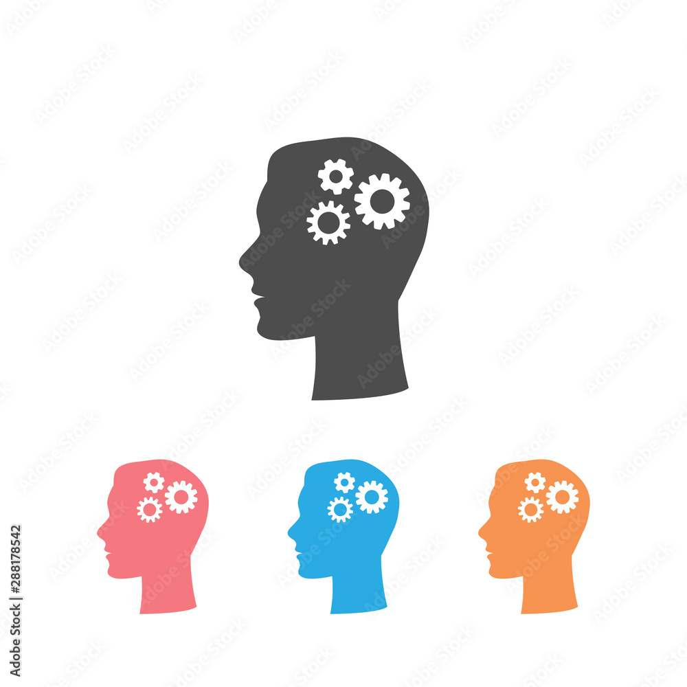 Human head flat icon set with gear inside. Vector Human head flat icon set with gear inside. Vector