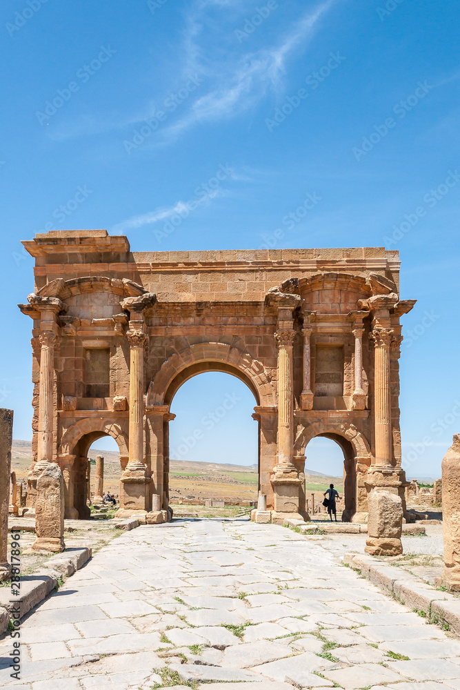 Timgad, Algeria - 05/07/2015: Ruins of ancient Roman city of Timgad/Thamugadi. Timgad, Algeria - 05/07/2015: Ruins of ancient Roman city of Timgad/Thamugadi.