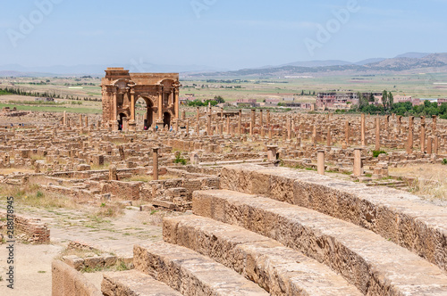 Timgad, Algeria - 05/07/2015: Ruins of ancient Roman city of Timgad/Thamugadi.