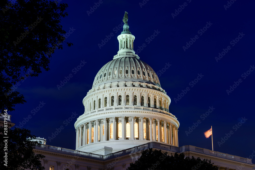 Capitol Dome at Night - A close-up night view of the dome of the U.S. Capitol Building. Washington, D.C., USA. It's a public building. No recognizable trademark, logo or person in the image.