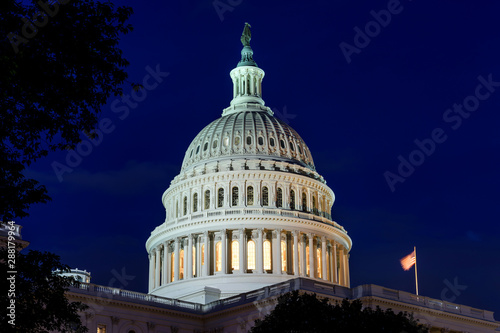 Capitol Dome at Night - A close-up night view of the dome of the U.S. Capitol Building. Washington, D.C., USA. It's a public building. No recognizable trademark, logo or person in the image.