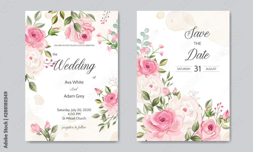 wedding invitation card  template set with beautiful floral leaves